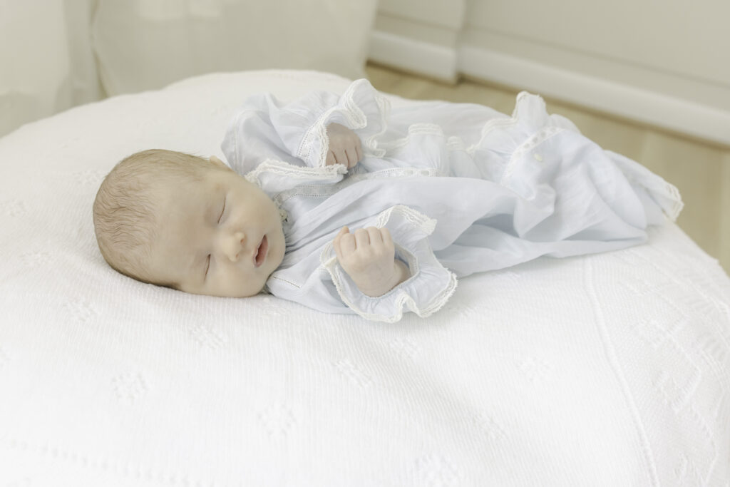 Newborn baby sleeping on bean bag captured by Birmingham lifestyle photographer